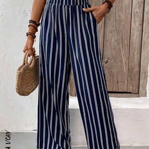 SHEIN VCAY Women's Comfortable Elastic Waist Wide-Leg Pants With Side Stripes An